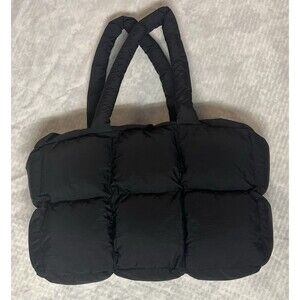Black Quilted Puffer Tote Bag Nylon Puffy Shoulder Handbag Medium - New